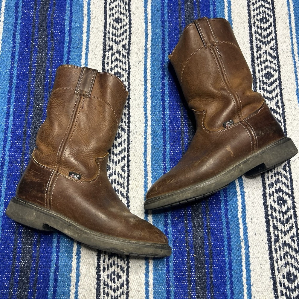 Justin Work Boots Men's 9B Brown Good Leather Western Pull On Oil Resistant 4760